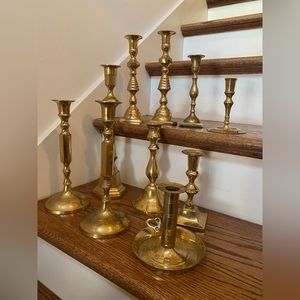 10 brass candle sticks! These are vintage and heavy. Perfect to mix and match.